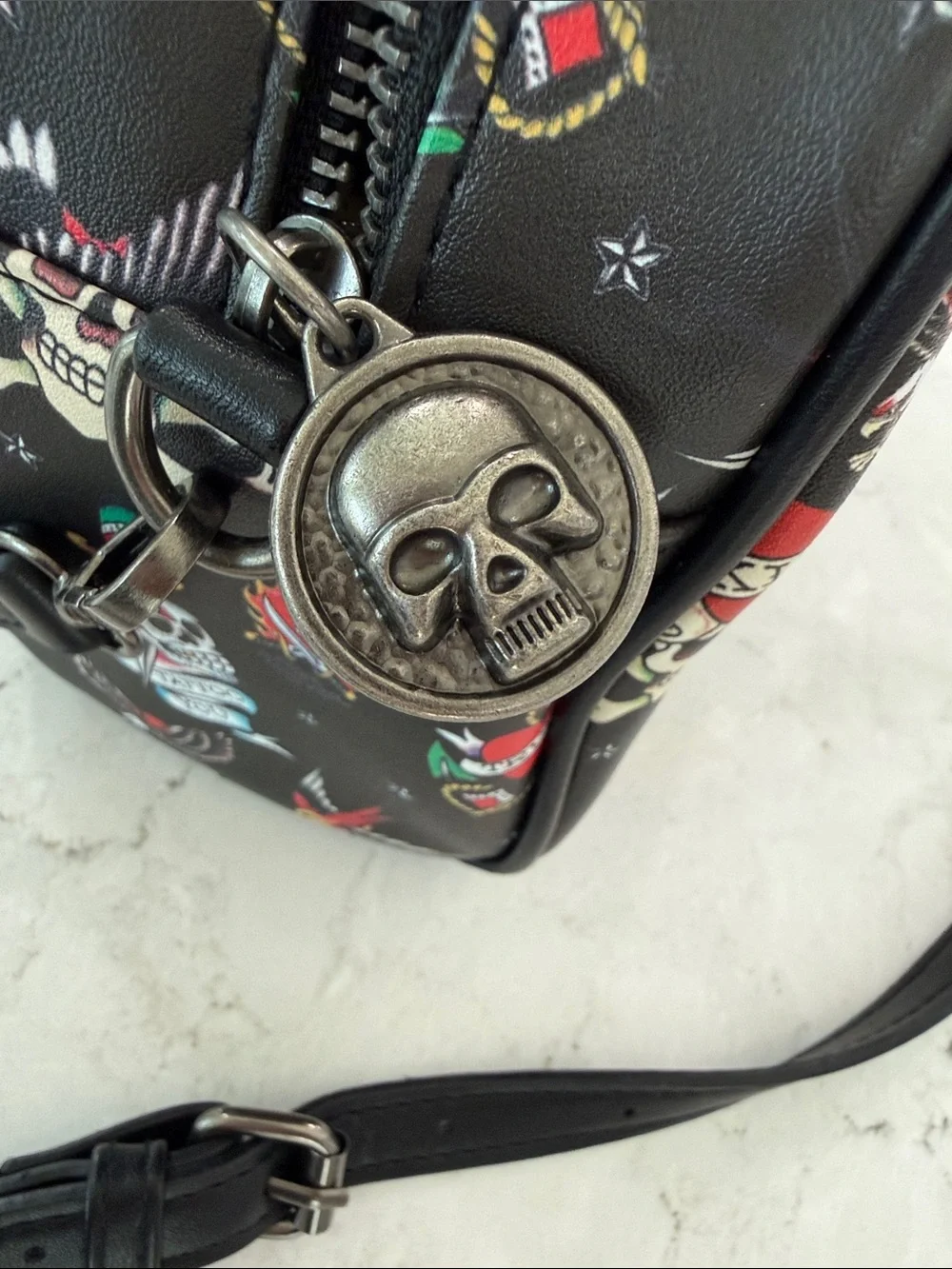 Ed Hardy Y2K Tattoo Flash Dome Satchel Crossbody Bag Black Skull Hardware
